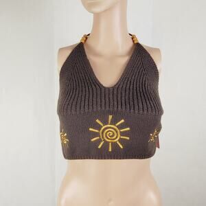 New Romwe brown embroidered gold sun crocheted knit beaded tie halter top